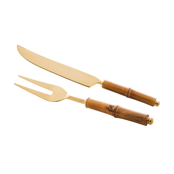 Jogo faca e garfo inox dourado para assado com cabo bambu Wolff