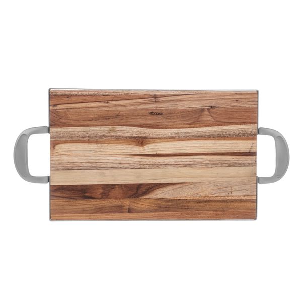 Bandeja madeira Teca com alça prateada 56x30,5x6cm Woodart