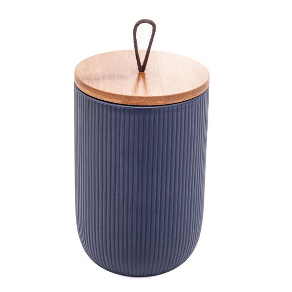 Potiche com tampa bambu puxador azul 10x15cm cerâmica Lyor