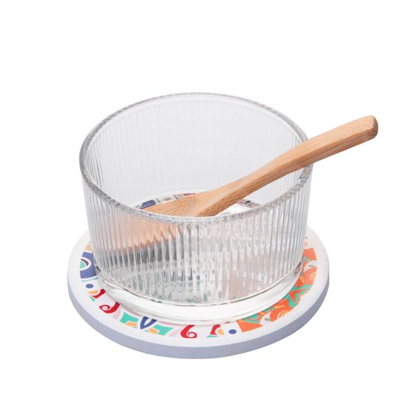 Petisqueira redonda vidro com colher de bambu e suporte ladrilho 10x6.5cm Wolff
