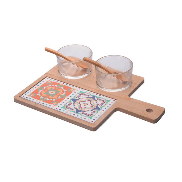Jogo 2 petisqueiras vidro com colher bambu bandeja e tábua 32x22,5x6cm Wolff
