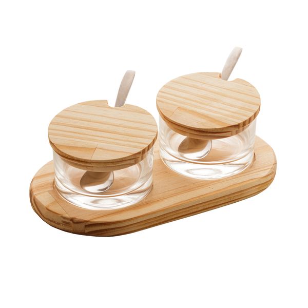 Jogo açucareiro 2 peças com suporte madeira Pinus e vidro 24x13x7cm Woodart