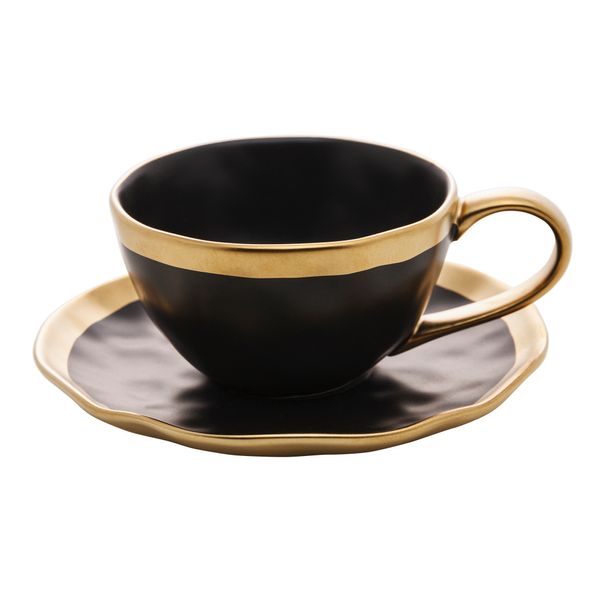 Xícara para chá porcelana Dubai preta com borda dourada 200ml 14,5x6,5cm Wolff